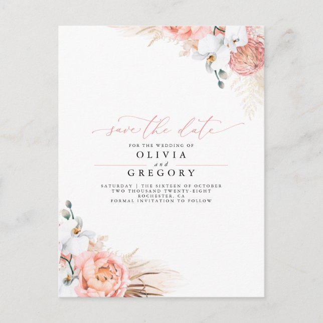 Carte Postale Faire-part Herbe des Pampas Fleur Rose Save the Date (Devant)
