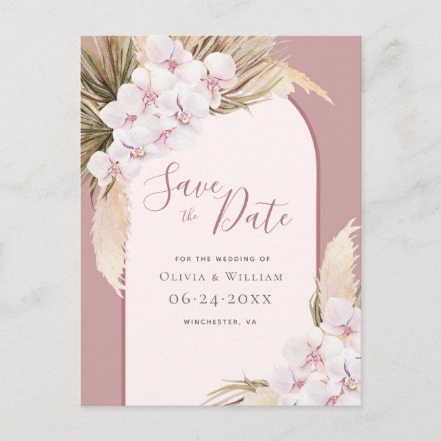 Carte Postale Faire-part Herbe des Pampas Moderne Fleur Tropical Rose Pouss (Devant)