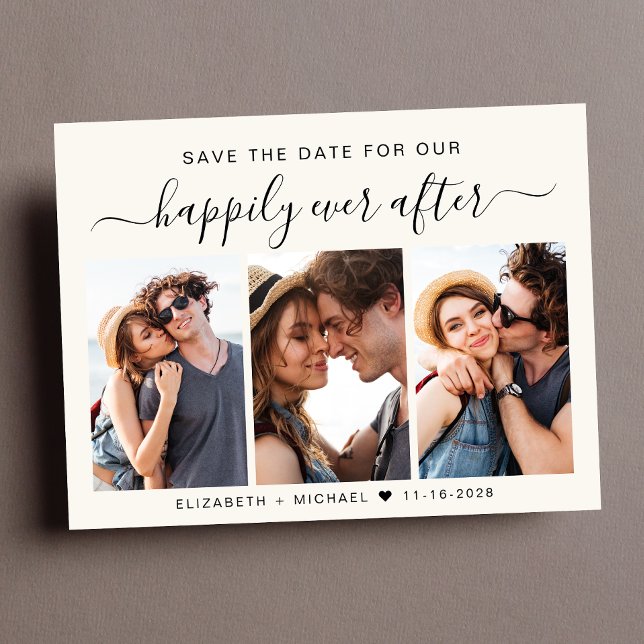Carte Postale Faire-part Heureusement Jamais Après 3 Photo Cream Enregistre (A stylish save the date photo collage announcement postcard for your wedding)