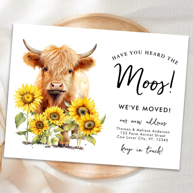 Carte Postale Faire-part Highland Cow Sunflowers Nouvelle adresse Farm Movi (Créateur téléchargé)