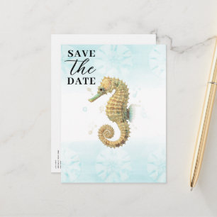 Carte Postale Faire-part Hippocampe sarcelle et or aquarelle Save the Date