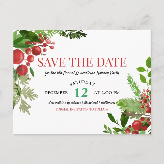 Carte Postale Faire-part Holly| Red Berry Holiday Party Enregistrer la date (Devant)