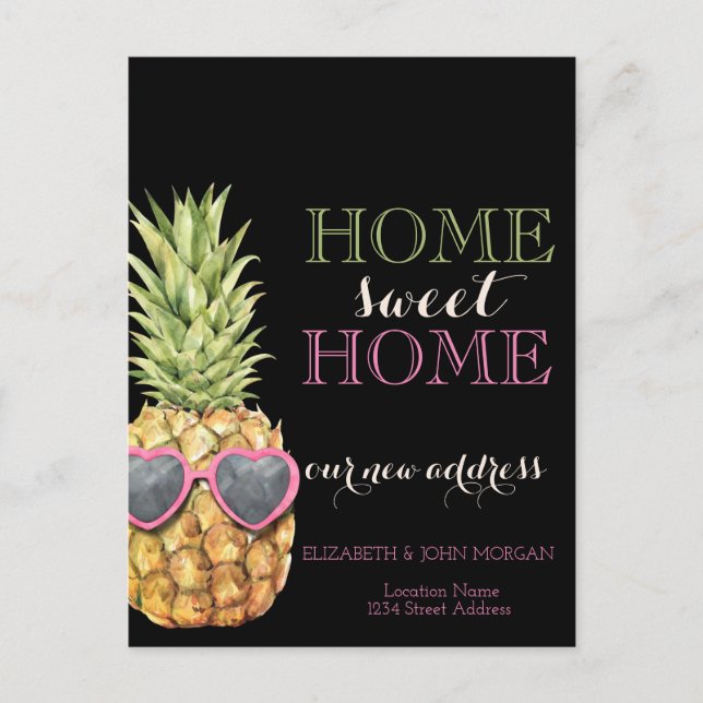 Carte Postale Faire-part Home Sweet Home, Ananas Cool, Noir Nouvelle adress (Devant)