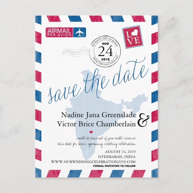 Carte Postale Faire-part Hyderabad, Inde Mariage par avion Enregistrer la d (Devant)