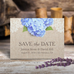 Carte Postale Faire-part Hydrangea Bleu Rustique Dentelle & Toile Save the