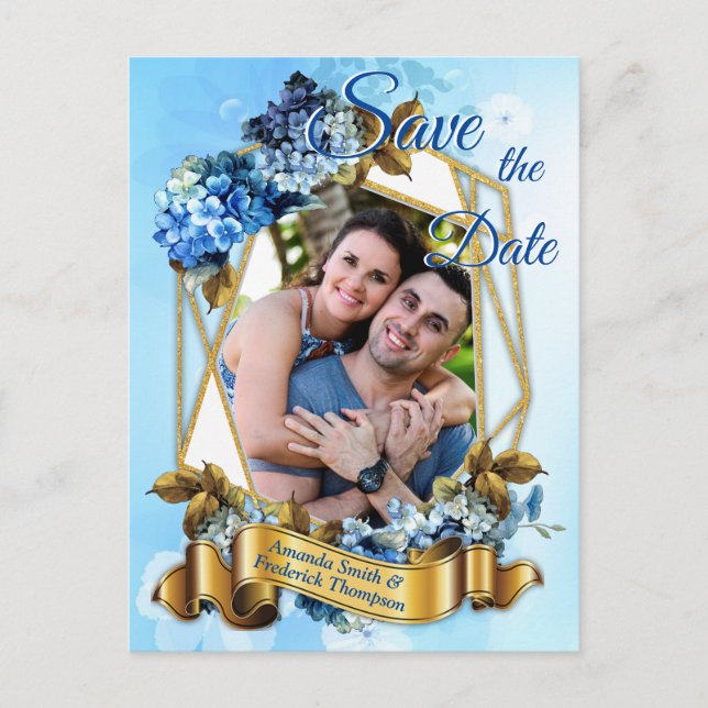 Carte Postale Faire-part Hydrangeas aquarelles nuances de bleu Enregistrez  (Devant)