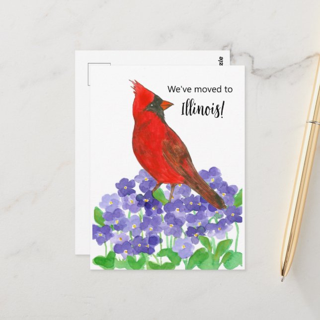 Carte Postale Faire-part Illinois Cardinal Bird Violets (Devant/Arrière en situation)