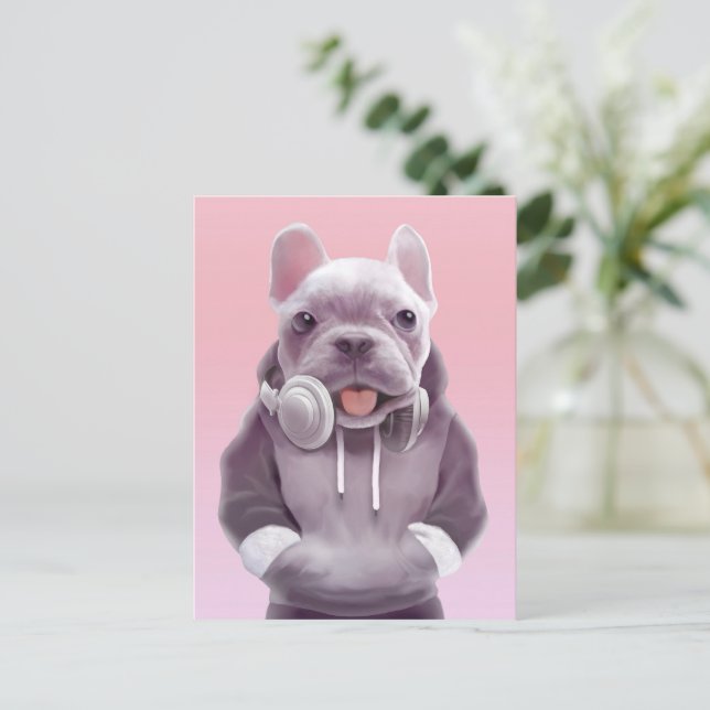 Carte Postale Faire-part Illustration de Bouledogue Français avec Casque Au (Debout devant)