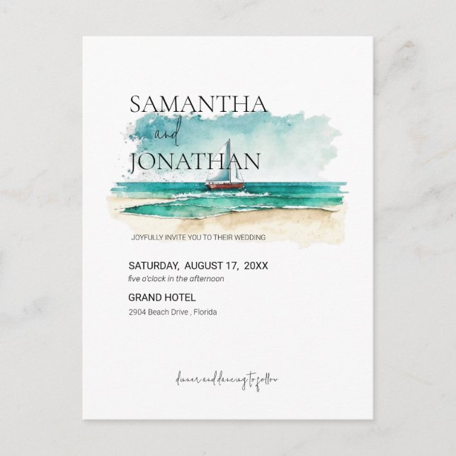 Carte Postale Faire-part Illustration de voilier de croisière simple et aqu (Devant)