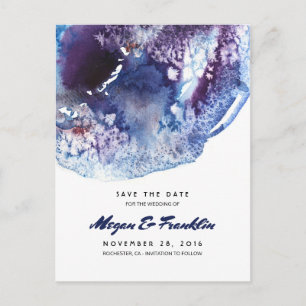 Carte Postale Faire-part Indigo Blue Watercolor Crystals Enregistrer la dat