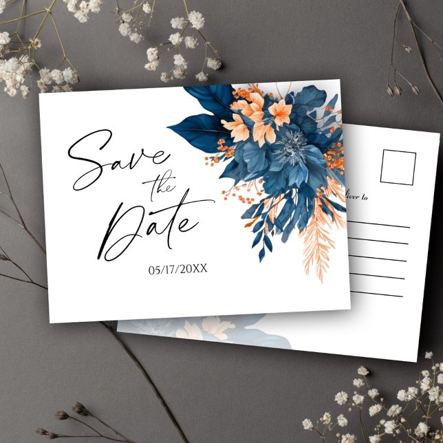 Carte Postale Faire-part Indigo Rouille Moderne Fleurs Mariage Épargnez la  (Indigo Rust Modern Floral Wedding Save The Date Announcement Postcard)