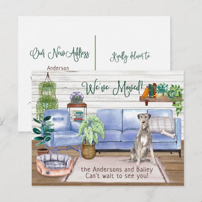 Carte Postale Faire-part Irish Wolfhound Cosy New Home Moving (Devant / Derrière)