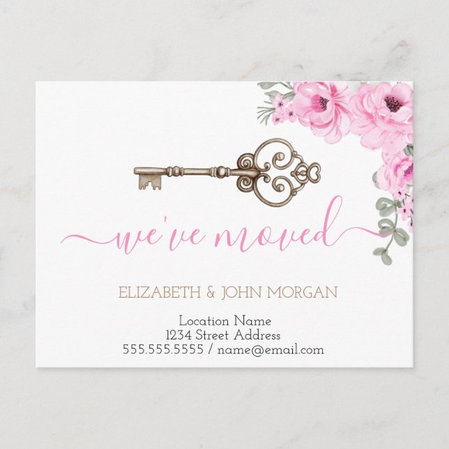 Carte Postale Faire-part  I've Moved Key Flowers New Address Announcement  (Devant)