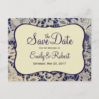Carte Postale Faire-part Ivory Lace Marine Bleu Mariage formel Enregistrer