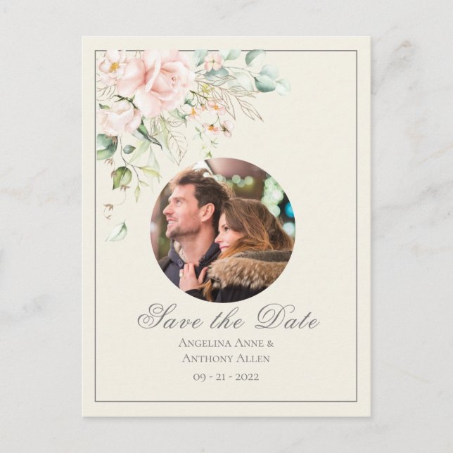 Carte Postale Faire-part Ivory Rose Blush Aquarelle Photo Florale Mariage (Devant)