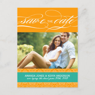 Carte Postale Faire-part Jade et Orange Damassé Save the Date