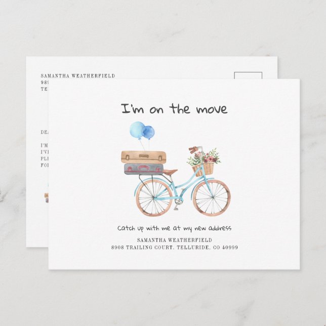 Carte Postale Faire-part J'ai déménagé aquarelle changement d'adresse vélo  (Devant / Derrière)