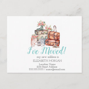 Carte Postale Faire-part J'ai déménagé, Aquarelle, valises florales