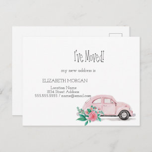 Carte Postale Faire-part J'ai déménagé, Aquarelle Voiture rose, Fleurs Nouv