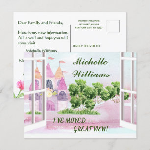 Carte Postale Faire-part J'ai Déménagé Budget Amusant Château Aquarelle Dém