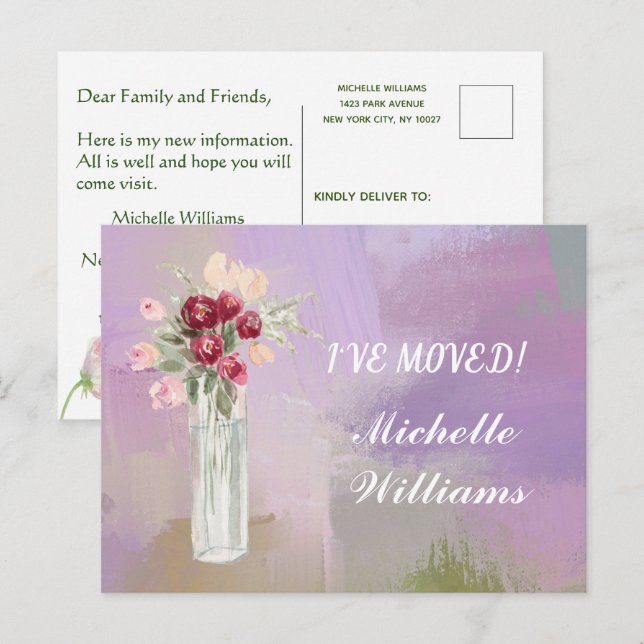 Carte Postale Faire-part J'ai déménagé Budget Aquarelle Rose Floral en mouv (Devant / Derrière)