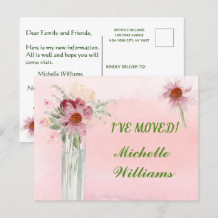 Carte Postale Faire-part J'ai déménagé Élégant Budget Floral Rose