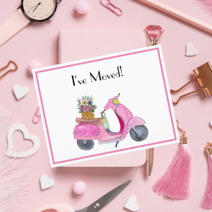 Carte Postale Faire-part J'ai déménagé ! Trottinette aquarelle rose avec fl