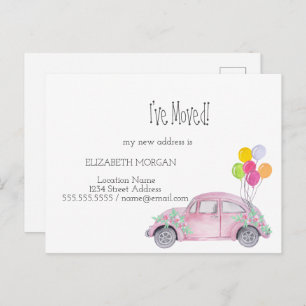 Carte Postale Faire-part J'ai déménagé, Voiture rose Aquarelle, Nouvelle Ad