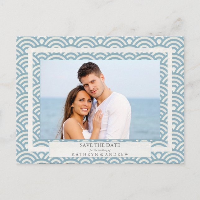 Carte Postale Faire-part Japon Seigaiha Vagues Enregistrer La Date Photogra (Devant)