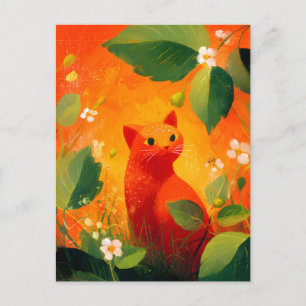 Carte Postale Faire-part Jardin de fleurs sauvages au chat rouge fantaisist