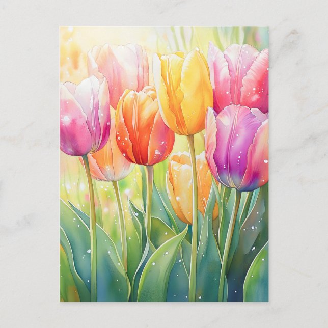 Carte Postale Faire-part Jardin de tulipes printanières à l'aquarelle fleur (Devant)