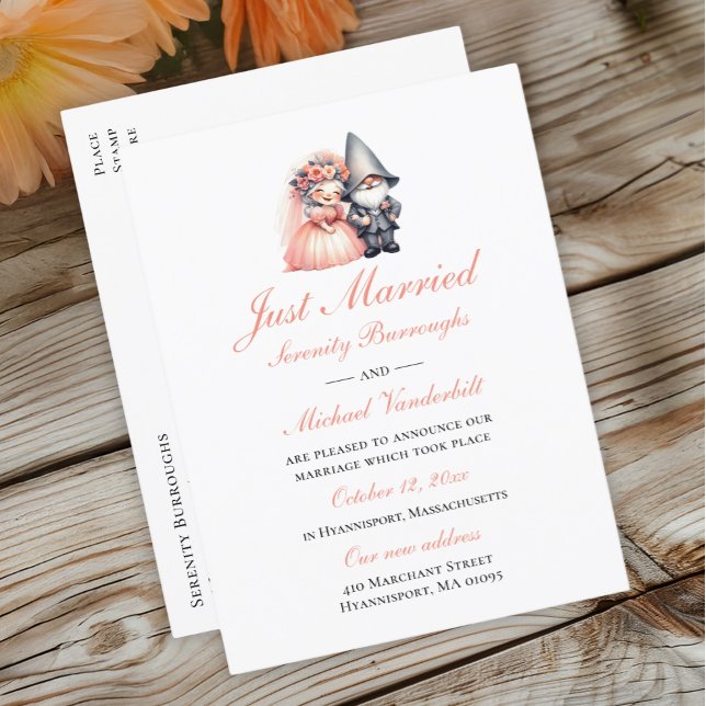Carte Postale Faire-part Jardin Gnome Whimsical Orange Juste Marié Mariage (Créateur téléchargé)