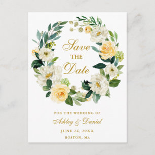 Carte Postale Faire-part Jaune Blanc Floral Wreath Gold Enregistrer la date