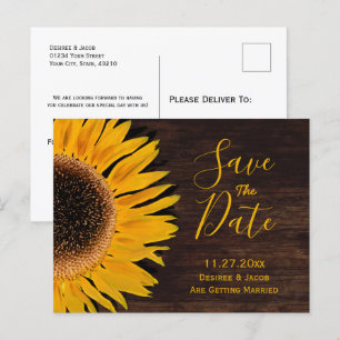 Carte Postale Faire-part Jaune Brun Bois Rustique Tournesol Enregistrer La