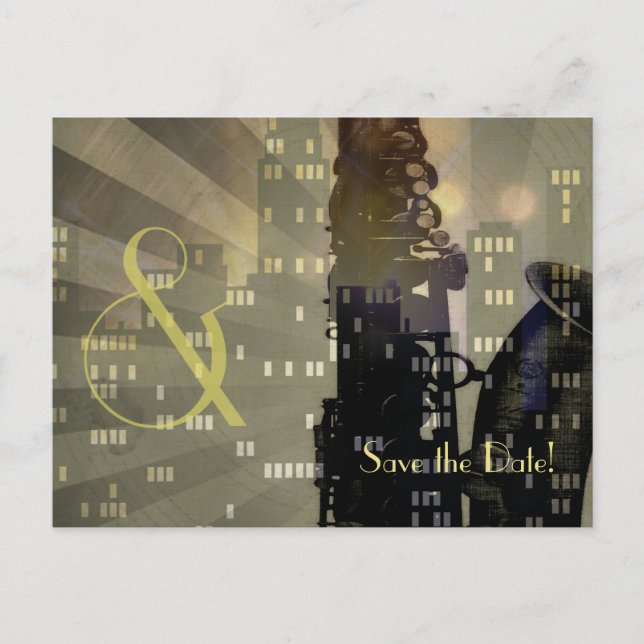 Carte Postale Faire-part Jazz Age Saxophone City Skyline Mariage Set (Devant)