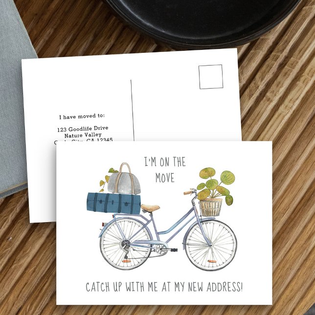 Carte Postale Faire-part Je suis en déplacement Vélo et bagage Funny Moving (New Address postcard with whimsical bicycle theme)