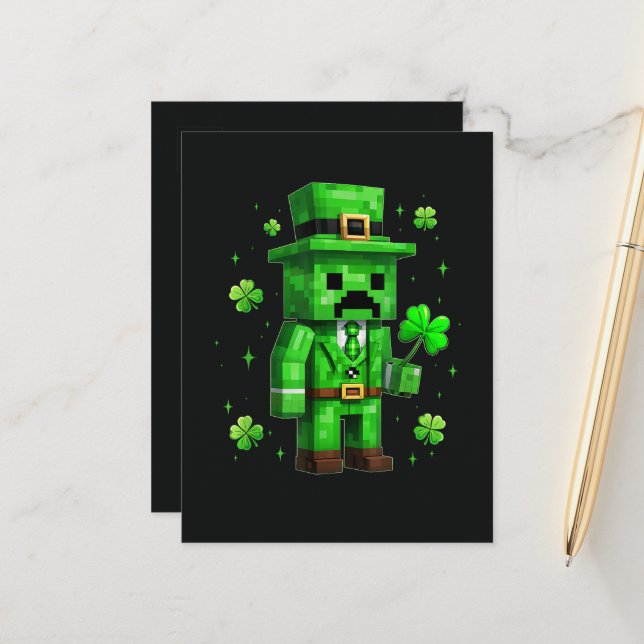 Carte Postale Faire-part Jeu vidéo drôle de la Saint-Patrick sur le Leprech (Devant/Arrière en situation)