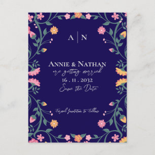 Carte Postale Faire-part Joli bleu jaune rose Mariage de cadre Floral