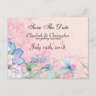 Carte Postale Faire-part Joli mariage rose et bleu floral Enregistrer la da