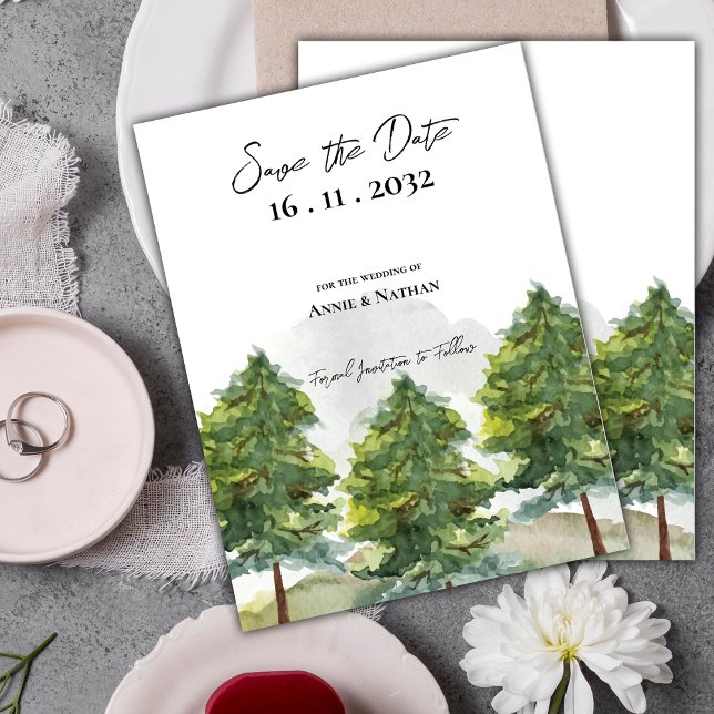 Carte Postale Faire-part Joli paysage aquarelle d'arbres élégants pour mari (Chic Pretty Watercolor Trees Landscape Wedding Announcement Postcard)