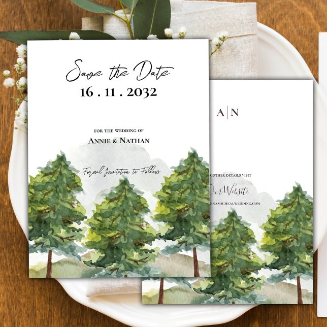 Carte Postale Faire-part Jolie aquarelle Arbres Paysage Monogramme Mariage (Pretty Watercolor Trees Landscape Monogram Wedding Save the Date Announcement Postcard)