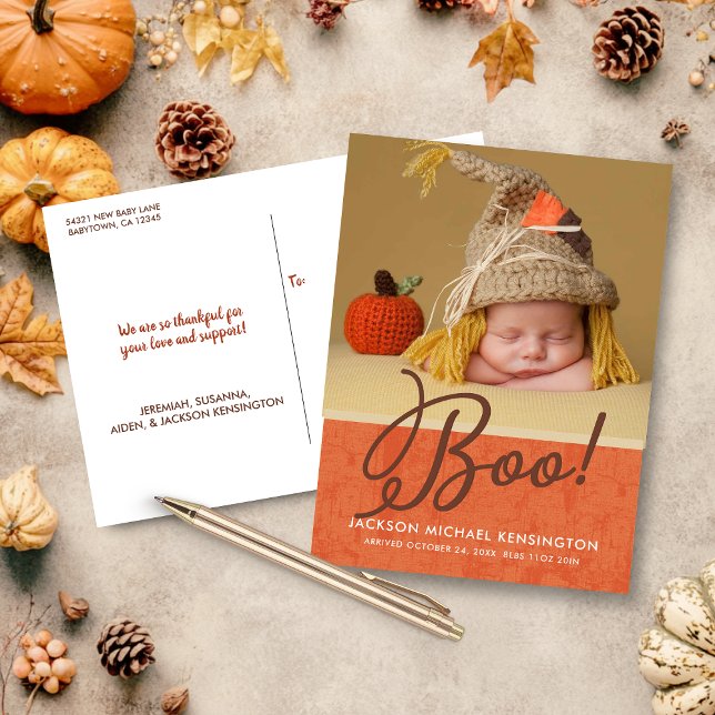 Carte Postale Faire-part Jolie Halloween Automne Automne Bébé Naissance Pho (Cute Halloween Fall Autumn Baby Birth Photo Announcement Postcard)
