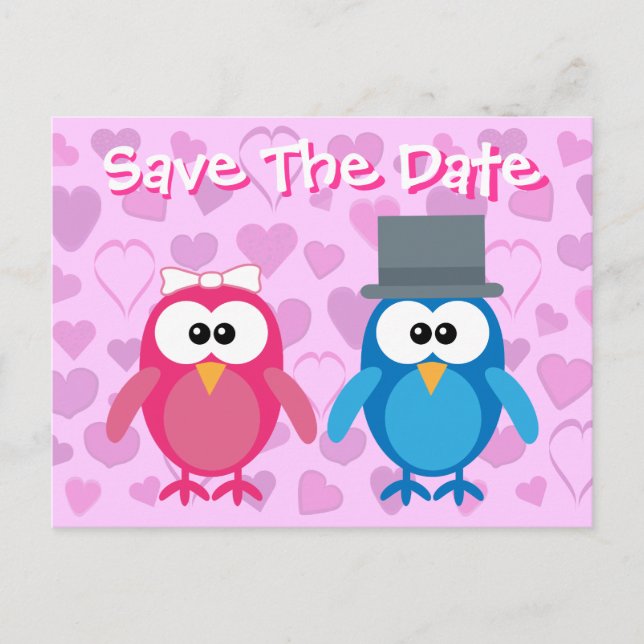 Carte Postale Faire-part Jolie mariée & Groom Hiboux Save The Date Mariage (Devant)