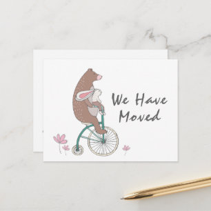 Carte Postale Faire-part Jolie nouvelle adresse ours et lapin à vélo