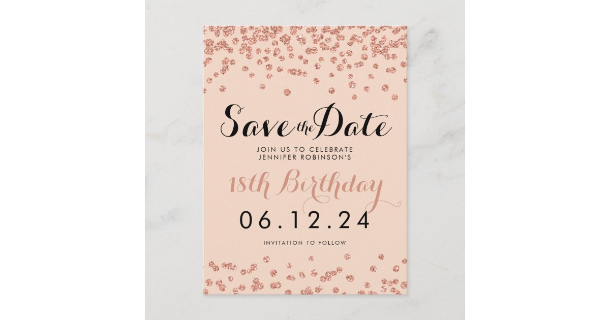 Carte Postale Faire Part Jour D Anniversaire Sauvez La Date Rose Gold Parti Zazzle Fr