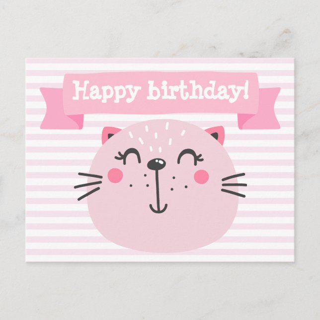 Carte Postale Faire-part Joyeux anniversaire ! Chat rose mignon - Anniversa (Devant)