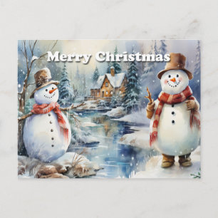 Carte Postale Faire-part Joyeux Noël Bonhommes de neige  Cabane en rondins 