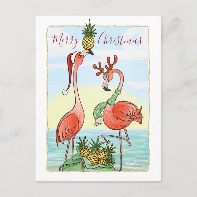 Carte Postale Faire-part Joyeux Noël Flamant Rose Hawaïen Ananas (Devant)