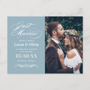Carte Postale Faire-part Just Married Dusty Blue Elegant Wedding Photo