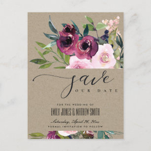 CARTE POSTALE FAIRE-PART KRAFT BLUSH BOURGOGNE FLEURAL BUNCH SAVE THE DATE